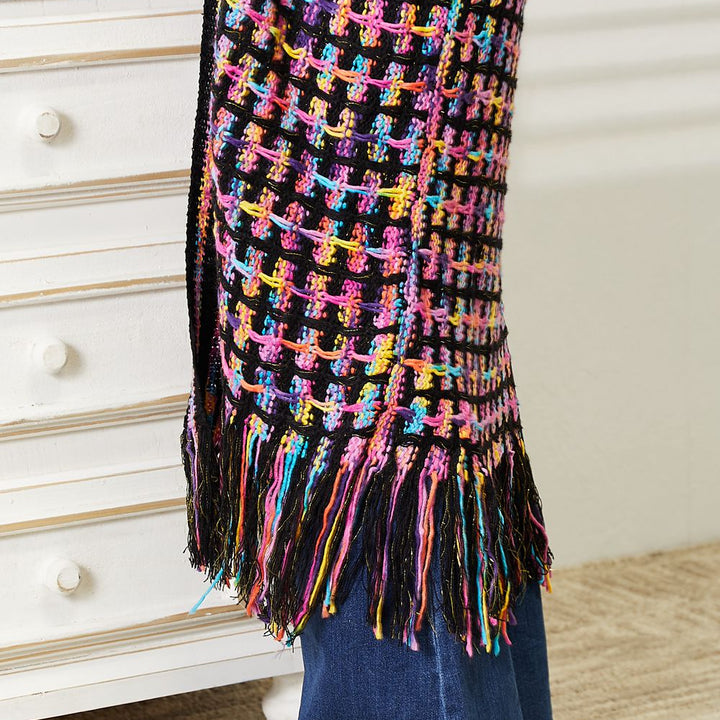 Double Take Full Size Multicolored Open Front Fringe Hem Cardigan