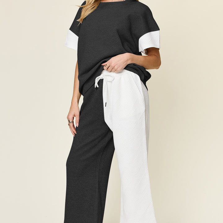 Double Take Full Size Texture Contrast T-Shirt and Wide Leg Pants Set