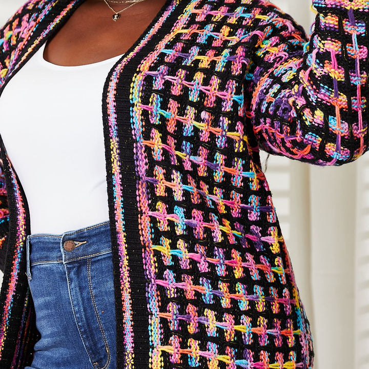 Double Take Full Size Multicolored Open Front Fringe Hem Cardigan