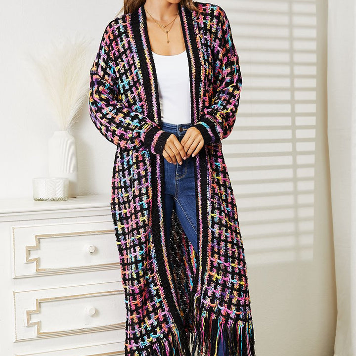 Double Take Full Size Multicolored Open Front Fringe Hem Cardigan