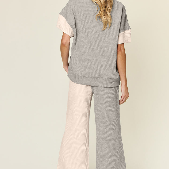 Double Take Full Size Texture Contrast T-Shirt and Wide Leg Pants Set