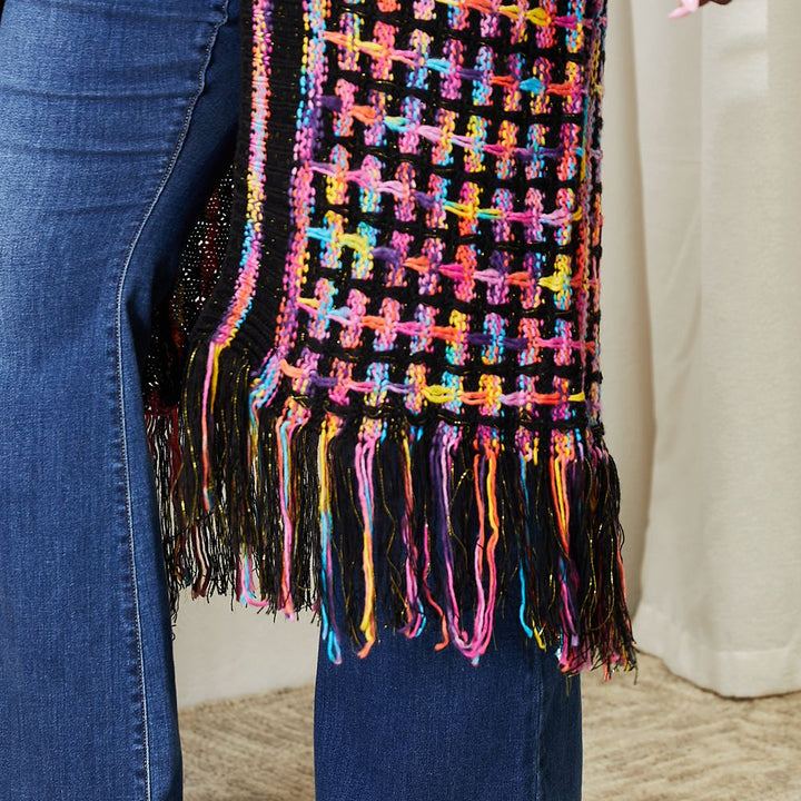 Double Take Full Size Multicolored Open Front Fringe Hem Cardigan