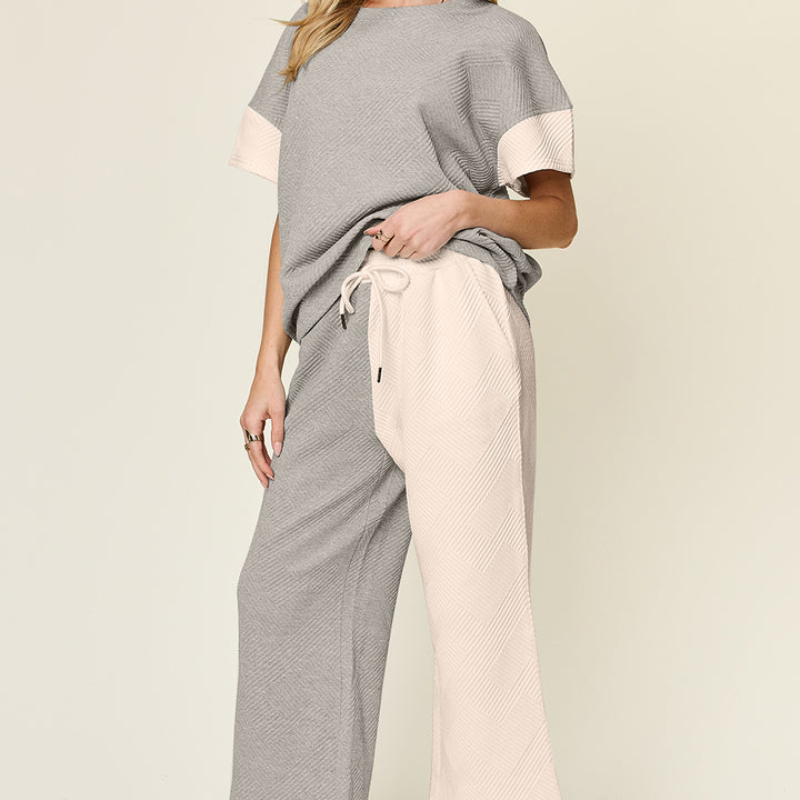 Double Take Full Size Texture Contrast T-Shirt and Wide Leg Pants Set