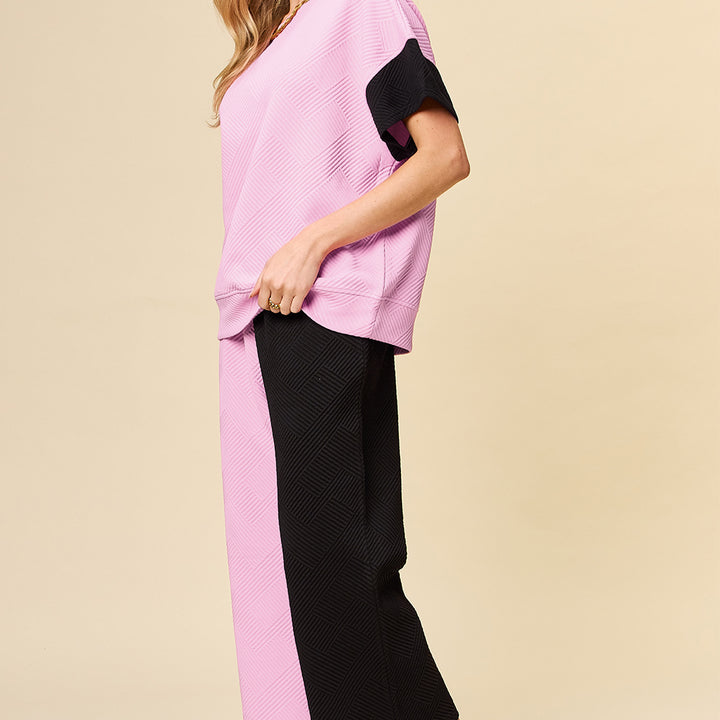 Double Take Full Size Texture Contrast T-Shirt and Wide Leg Pants Set