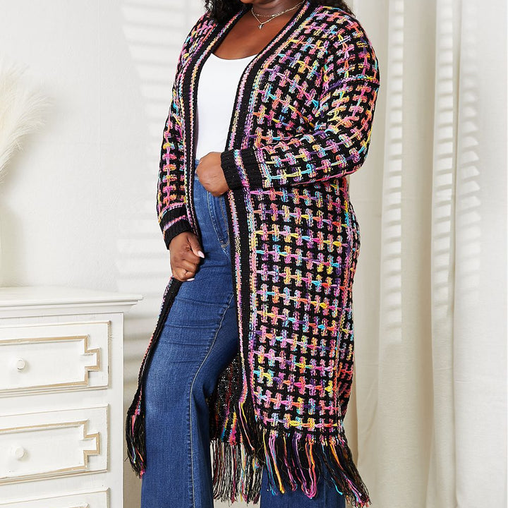 Double Take Full Size Multicolored Open Front Fringe Hem Cardigan