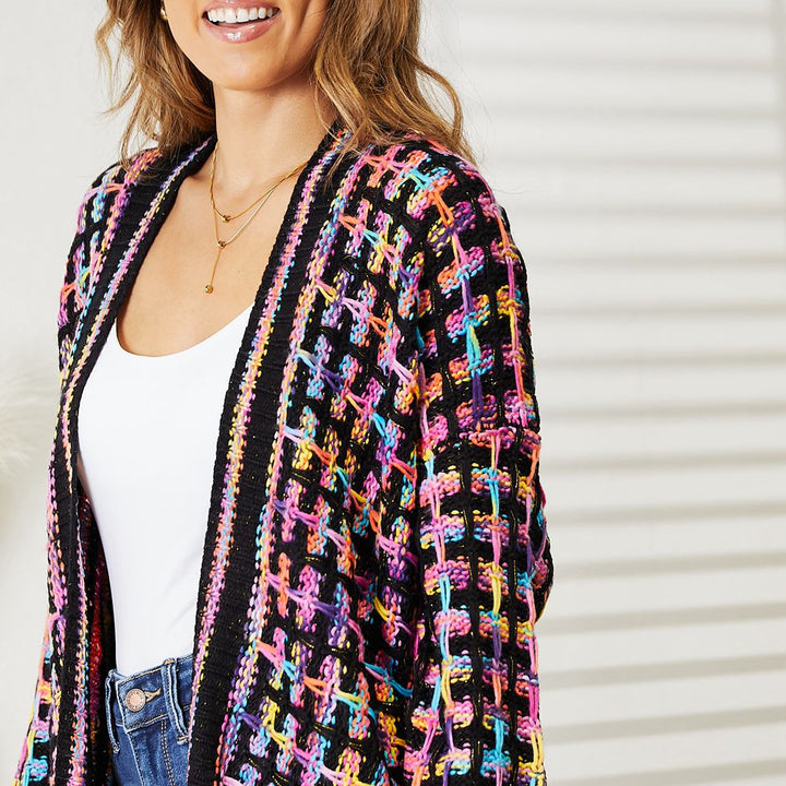 Double Take Full Size Multicolored Open Front Fringe Hem Cardigan